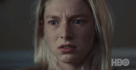 TV gif. Hunter Schafer as Jules on Euphoria appears deeply upset, frowning with glossy eyes and a trembling chin.
