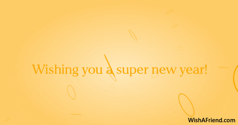 Text gif. Dark gold circles spin at random on a golden yellow background like bubbles in champagne. Text, "Wishing you a super new year!"