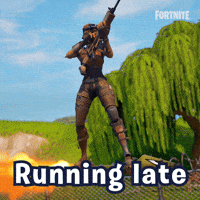 Sponsored gif. Video game character in combat gear reloads an automatic weapon while riding on a large missile. Text reads, "Running late."