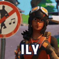 Sponsored gif. Video game woman in combat gear smiles and forms the shape of a heart with her hands. Other video game characters dance around her in the background.