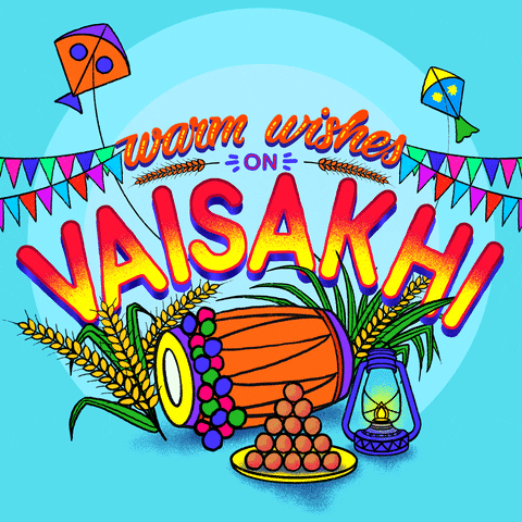 Digital art gif. Amid colorful illustrations of a drum, wheat plants, a gas lantern and some kites are the words, "Warm wishes on Vaisakhi," all against a blue background.