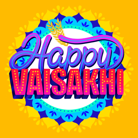 Digital art gif. In front of a spinning colorful mandala illustration are the words "Happy Vaisakhi," in purple and pink scripted all-caps font."