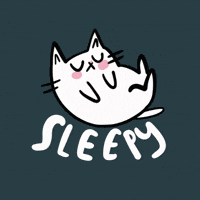 Illustrated gif. White cat with pink cheeks and closed eyes rocks back and forth on its back, sleeping. Stars sparkle around it. Text, "Sleepy."