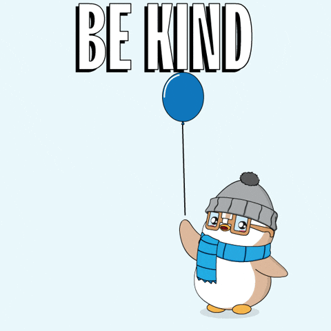 An animation of a penguin helping a baby penguin catch a balloon before it flies away, with the words 'BE KIND' written above.