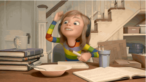Disney gif. Joy in Inside Out listens to music on headphones while sitting at a table with homework, using markers to drum on dishes and books.