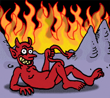 Illustrated gif. A red devil grins and waggles its eyebrows, swinging its tail like a lasso while lying down in the foreground of raging fires.