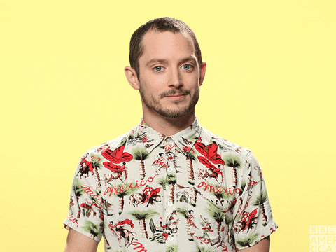 Celebrity gif. Elijah Wood points a finger gun at us and smiles hesitantly while saying, "cool," which appears as text.