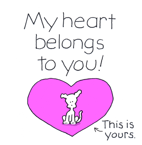 Cartoon gif. Chippy the Dog inside of a purple heart waves and blows kisses. The text reads “My heart belongs to you” and “This is yours," with an arrow pointing at the heart.