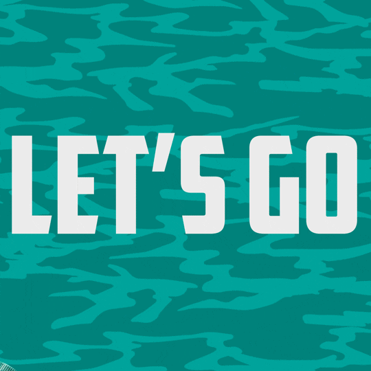 Sponsored gif. A Mountain Dew Baja Blast soda bottle has been animated to have green flames coming out the bottom like a rocket. It flies in from the bottom left, idles a little, and jets away. The background has a teal camo print. Text, "Let's Go!"