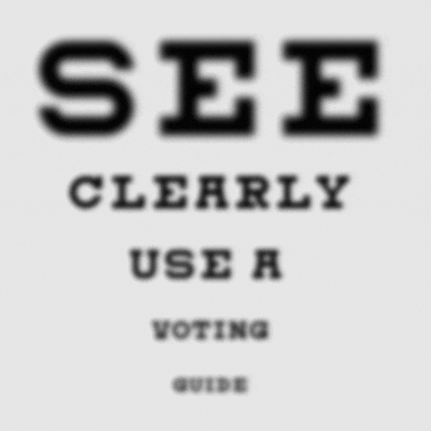Text gif. Designed to look like an eye chart, with black text in larger font at the top gradually growing smaller towards the bottom on a white background, a blurry message becomes clear from top to bottom. Text, “See clearly use a voting guide.”