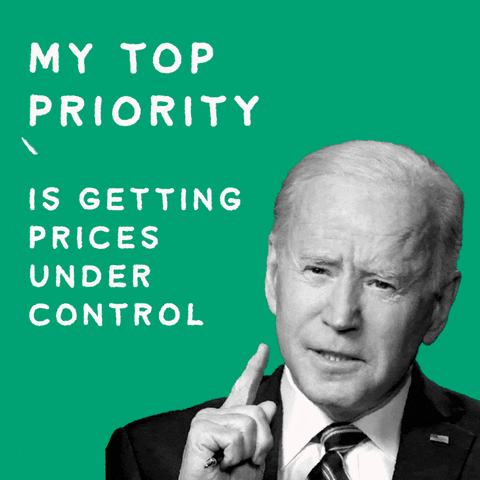 Political gif. Black and white portrait of President Biden with his brow furrowed as he holds up a pointer finger against a pale emerald green background. Text, "My top priority is getting prices under control."
