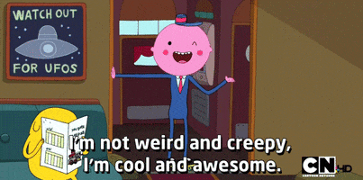 Cartoon gif. Adventure Time character wearing a suit and a tiny hat leans on a door frame and gestures, saying, "I'm not weird and creepy, I'm cool and awesome."
