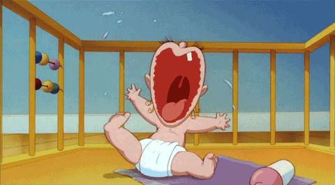 Cartoon gif. Baby Herman in Who Framed Roger Rabbit throws a fit in a playpen.