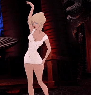 Cartoon gif. A woman in a short dress tosses her head as she dances provocatively. 