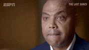 Sports gif. We zoom in for a close-up on a worried-looking Charles Barkley, whose jaw drops slightly as he looks away from us.