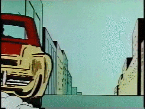 Cartoon gif. Retro style cartoon red and yellow car drives down a city street, leaving behind a large trail of smoke.