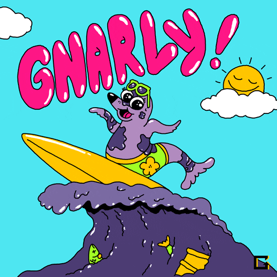 Digital art gif. Smiling and winking purple seal rides a littered wave on a yellow surfboard under a blue sky with a smiling sun shining next to pink bubbly text that reads, “Gnarly!”