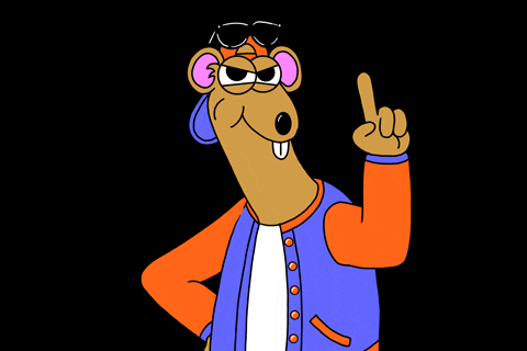 Cartoon gif. A cool rat in a backward cap, sunglasses, and letter man jacket shakes his head "no" and wags his finger. 