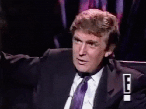 Celebrity gif. Donald Trump is being interviewed by Howard Stern. He sits relaxed with his arm over the top of the couch. He has a confused look on his face and then he lights up with surprise. His eyebrows lift up and he purses his lips.