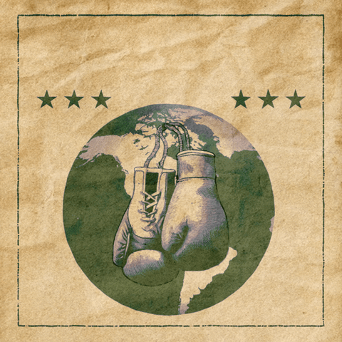 Digital art gif. Illustration of a vintage-looking pair of boxing gloves in front of the planet Earth slowly rocking side to side, all against a vintage-looking sepia background. Text, "Fight for our future."