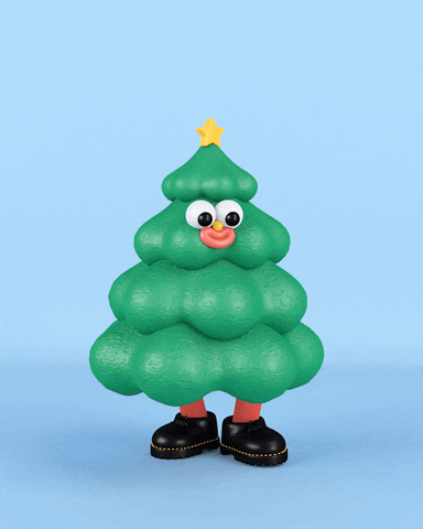 Illustrated gif. 3-D shiny, blobby Christmas tree bends its knees and bobs up and down, its big eyes rolling up and down with movement.