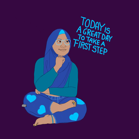 Digital art gif. Cartoon of woman wearing a blue shirt and a blue hijab, sitting cross-legged with her fist under her chin thoughtfully. Blue text next to her head reads, "Today is a great day to take a first step," all against a deep purple background.