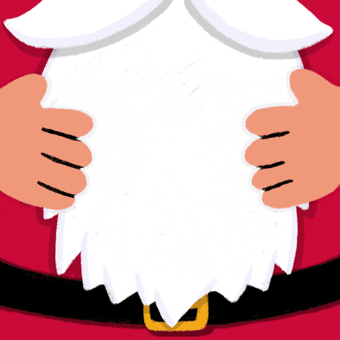 Digital illustration gif. Belly of Santa Claus as he rubs it up and down. Text appears in sequence down his front, "Buena salud y alegria para todos."