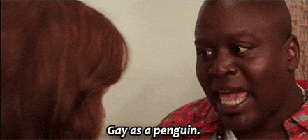 TV gif. Speaking to Ellie Kemper as Kimmy, Titus Burgess as Titus in Unbreakable Kimmy Schmidt shakes his head and says with conviction, “Gay as a penguin.”