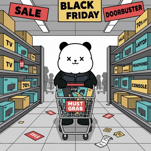Black Friday Cartoon Panda GIF by Kanpai Pandas