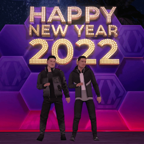 Digital art gif. Animated avatars for Thom and Idir of Blasterjaxx dance in unison on a stage with a red and purple glowing hexagonal patterned background decorated with bulb-light text that reads "Happy New Year 2022."