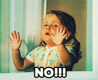 Video gif. A little girl crying and banging on a window with both arms. Text, "no!!"