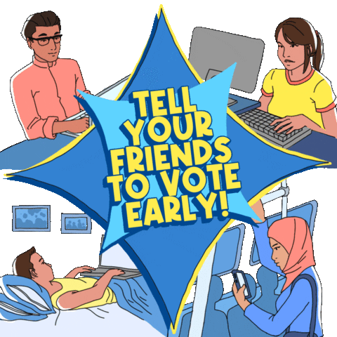 Illustrated gif. Four vignettes of young people typing on computers and smartphones against a denim background, a blue oversized graphic diamond flexing front and center, with yellow 3D letters that read, "Tell your friends to vote early!"