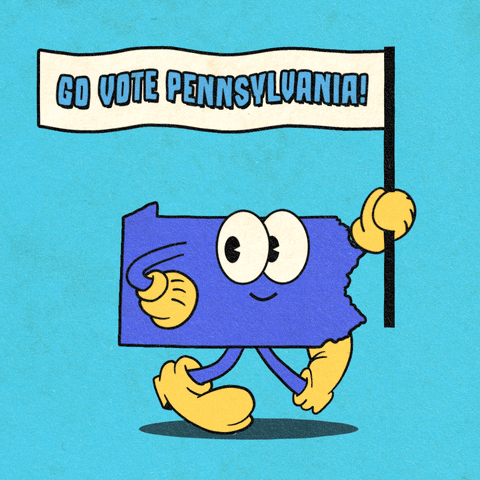 Digital art gif. Blue shape of Pennsylvania smiles and marches forward with one hand on its hip and the other holding a flag against a light blue background. The flag reads, “Go vote Pennsylvania!”