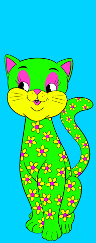 Digital art gif. Green cat covered in yellow and pink flowers elongates her neck, smiling.