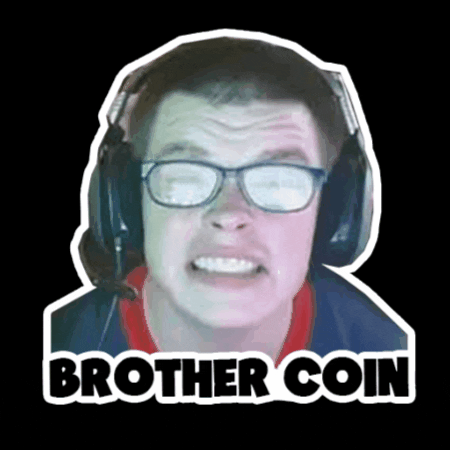 Digital art gif. Sticker of a young man with glasses wearing a video game headset, frozen in time, eyes squinty and teeth bared. Text, "Brother coin."
