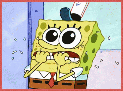 SpongeBob gif. SpongeBob looks extremely nervous, eyes wide, as he bites toff the nails of both of his hands, nail clippings flying everywhere.