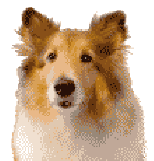 Video gif. A very pixelated Collie, a dog breed, has their ears up and mouth perked when all of a sudden, their ears drop and mouth begins to move in a sob, as tears stream out of their eyes.