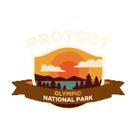 Digital art gif. Inside a shield insignia is a cartoon image of a blue lake in front of a mountain range and a beautiful sunset. Text above the shield reads, "protect." Text inside a ribbon overlaid over the shield reads, "Olympic National Park."