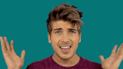 Celebrity gif. Joey Graceffa raises his hands and tilts his head to the side as he says to us, "thank you!" which appears as text.
