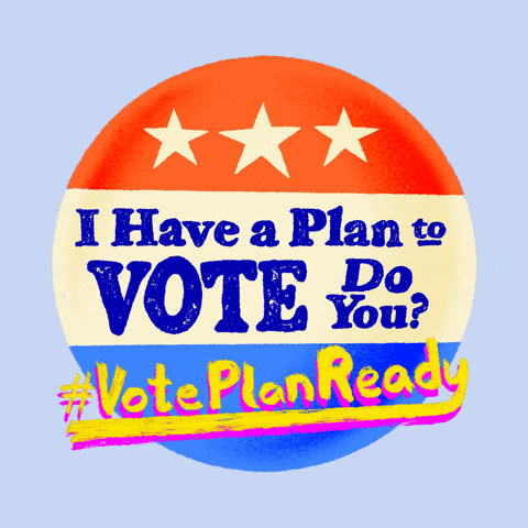 Digital art gif. Red, white, and blue button with three stars rocks back and forth against a light blue background with the message, “I have a plan to vote, do you? #VotePlanReady.”