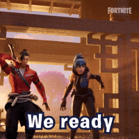 Sponsored gif. Two video game characters rush toward us through a temple door with weapons at the ready. Text reads, "We ready."