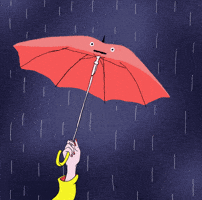 Illustrated gif. Arm wearing a yellow MacKintosh outstretched holding a red umbrella with wide eyes and a flat mouth up into a dark rainy sky.