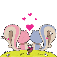 Sticker gif. Squirrel couple sits on a hill with their back facing us and one is pink and the other is blue. Both have a Cupid's arrow stuck in their tail and pink hearts shoot out between them.
