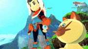 Video game gif. A montage of short clips from the video game "Monster Hunter Stories 2: Wings of Ruin." The anime-styled characters, dressed in colorful and intricate armor, are seen in various adventure scenes.