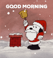 Cartoon gif. Snoopy dressed as Santa stands in front of a brick chimney, smiling and pressing down with his hand to squeak a brass horn that radiates sound as snow falls all around. Text, "Good morning." 