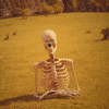 Digital illustration gif. We slow pan towards the top half of what looks like a science class skeleton sitting awkwardly upright in a grassy field, eyeballs filled in with white irises and black pupils looking straight at us, a broad grin and full set of teeth stretching across its face. Text appears with the question, "Well? Where you at?'