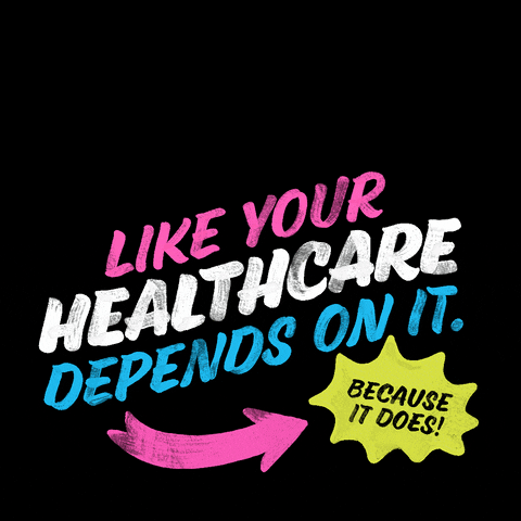 Text gif. The word "Vote," in script font, materializes and twinkles on a black background above a sign-written message in blue white and pink, "Like your healthcare depends on it, because it does!"
