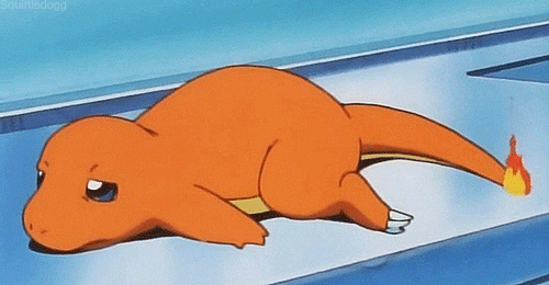 Anime gif. Charmander on Pokémon lays on a metal counter completely worn out. The flame on his tail is small and fading.