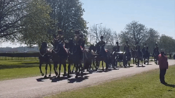 Ceremonial Unit of British Army Rides Toward Windsor Castle Ahead of Prince Philip's Funeral