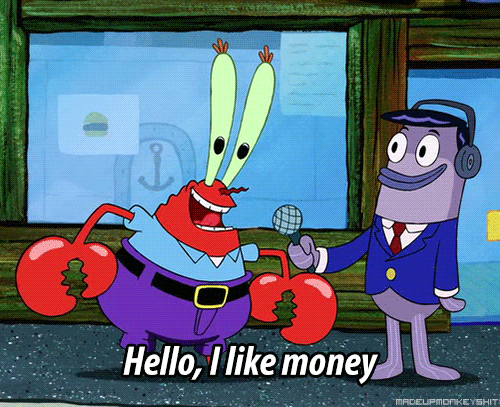 "mr krabs from spongebob saying hello i like money while talking to a man with a microphone"